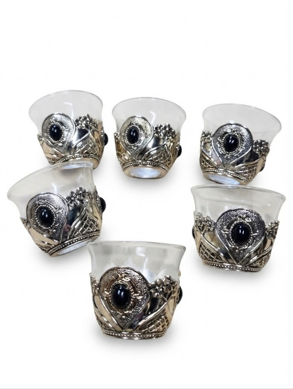 Vintage Paşabahçe Turkish Tea Glass Set of 6 Ornate Silver Metal Holders Black C